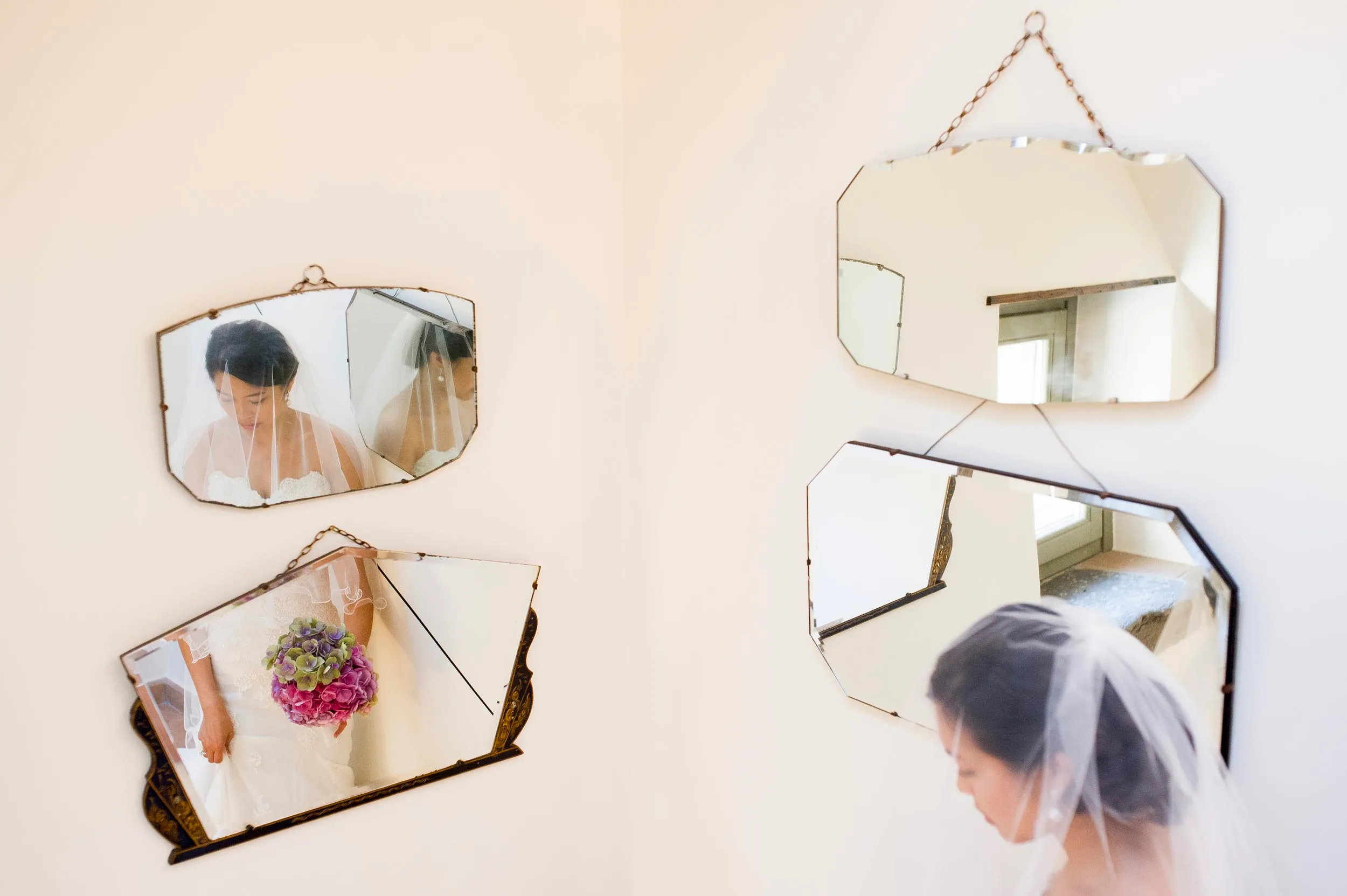 Asian wedding in Italy - Civita di Bagnoregio mirrors bride reflected