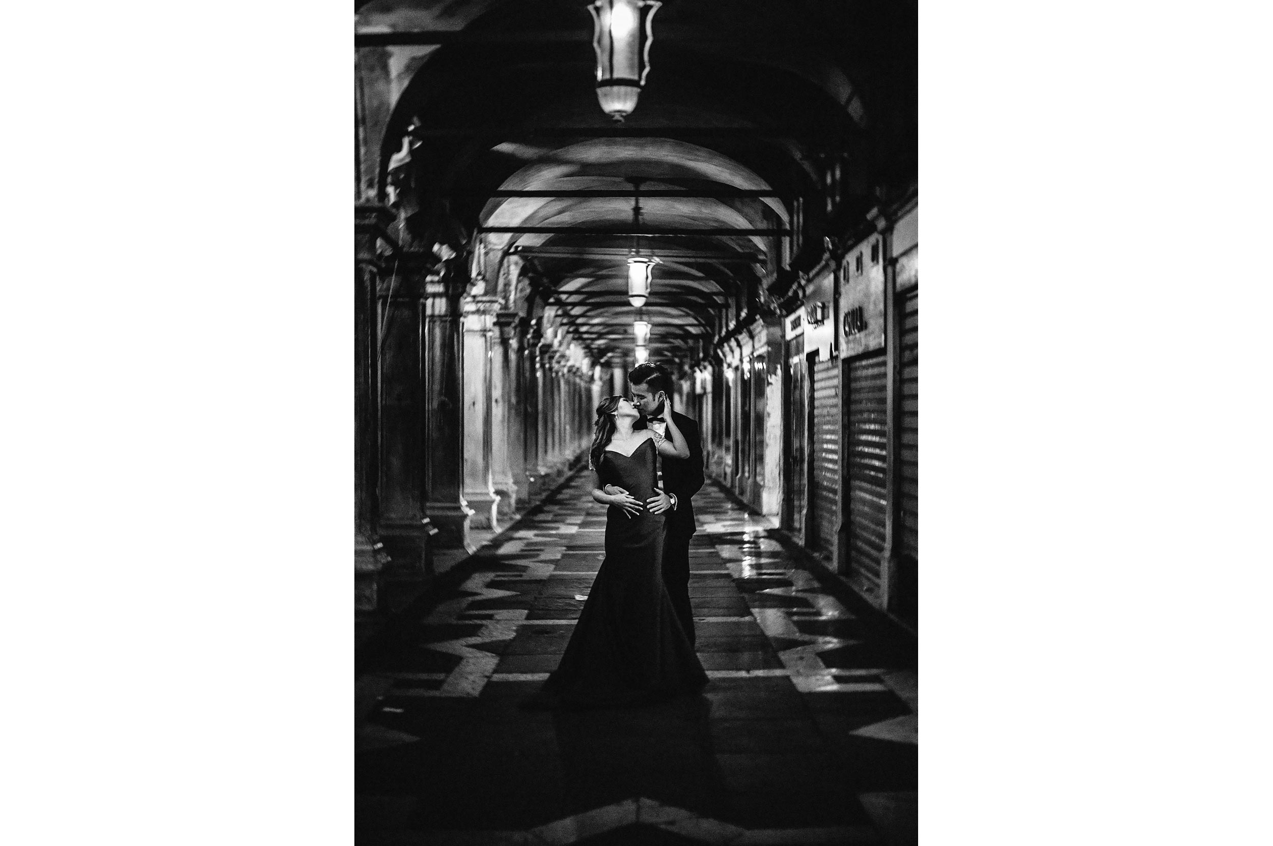 Love in Venice - portico at night black and white