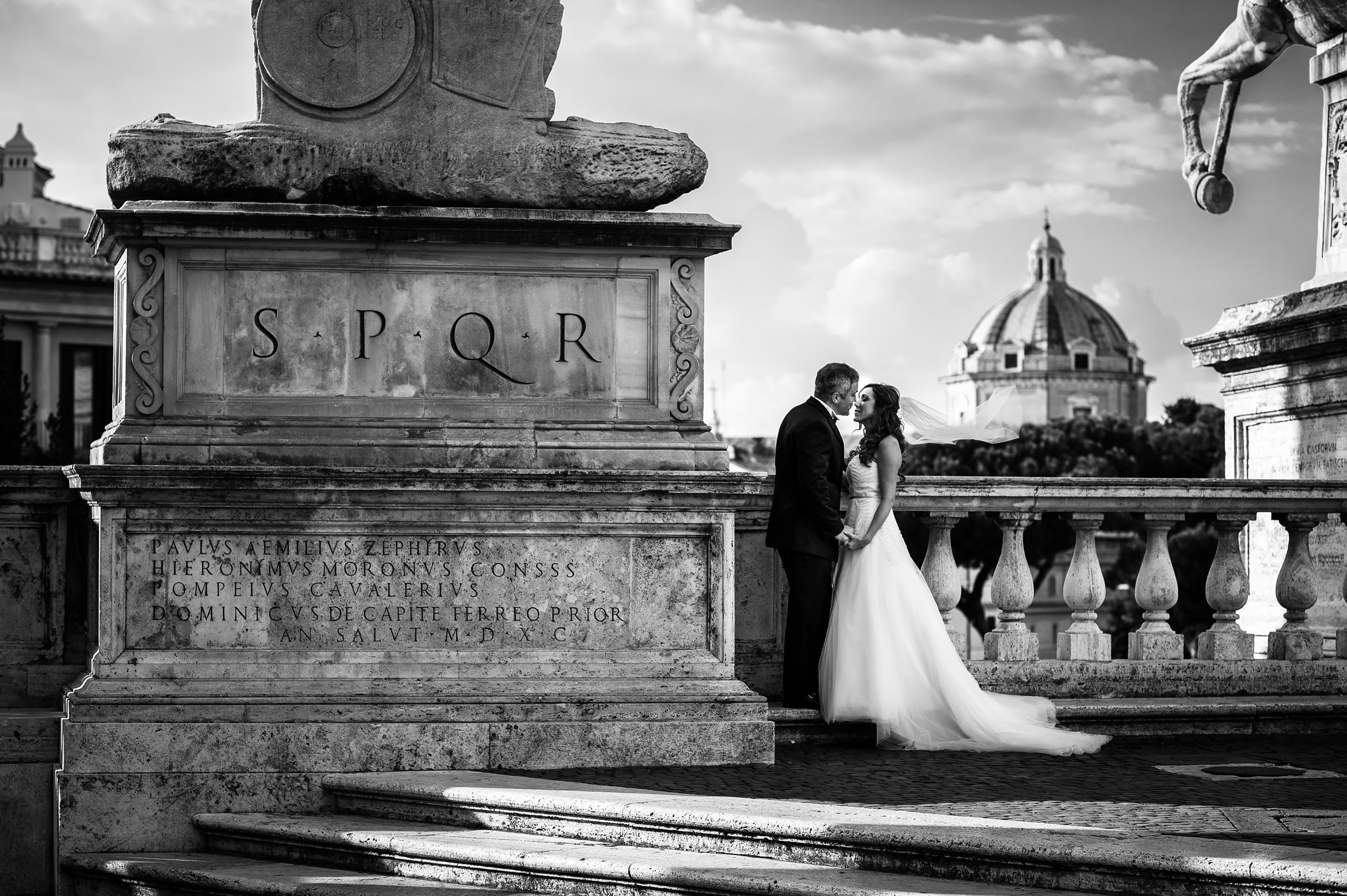 rome campidoglio at sunset black and white wedding photography